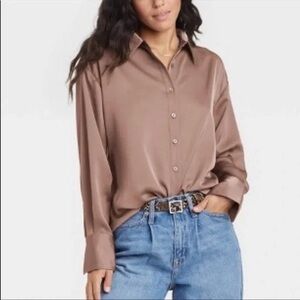 A New Day Brown Boxy Button Down Shirt with Notched Collar Office Work Formal